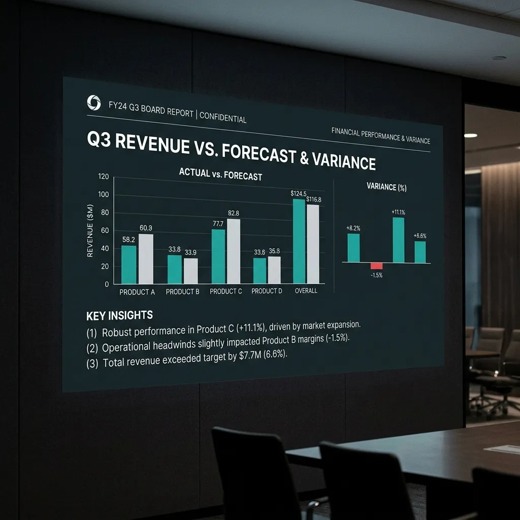 Minimal executive board report slide showing variance analysis on a dark interface