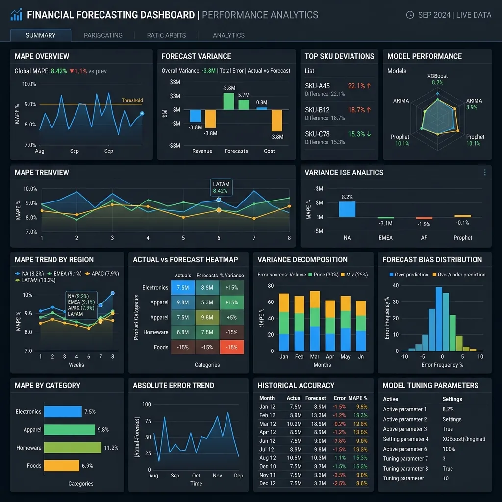 Dark financial interface showing MAPE trends and forecast variance analytics
