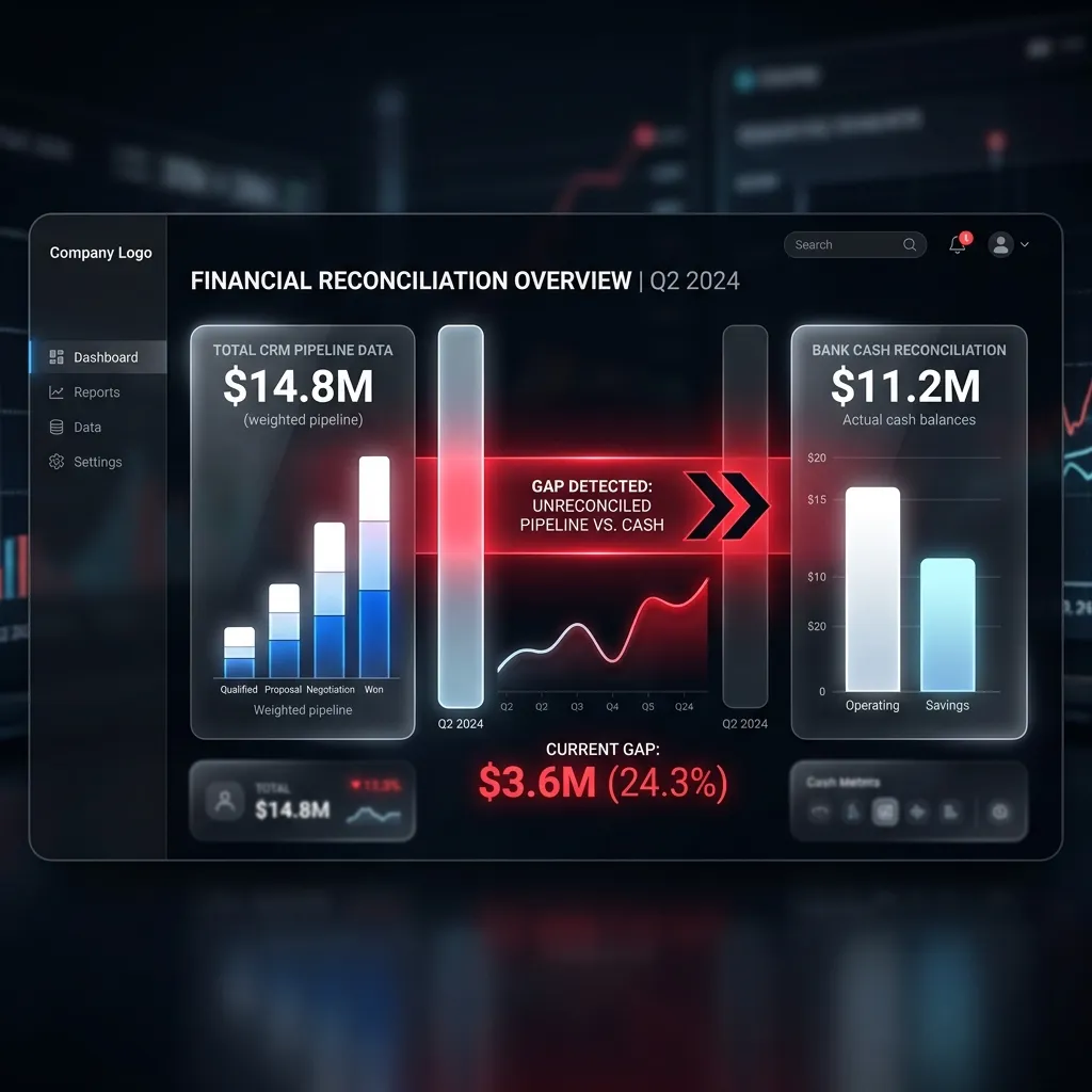 CRM to bank reconciliation dashboard showing red gap analysis between pipeline and cash
