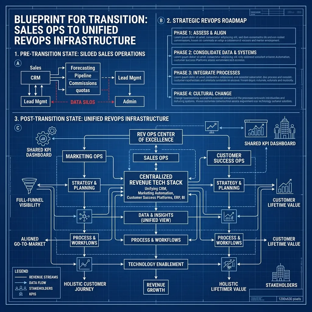 Blueprint visualization showing the transition from Sales Ops to Revenue Operations infrastructure