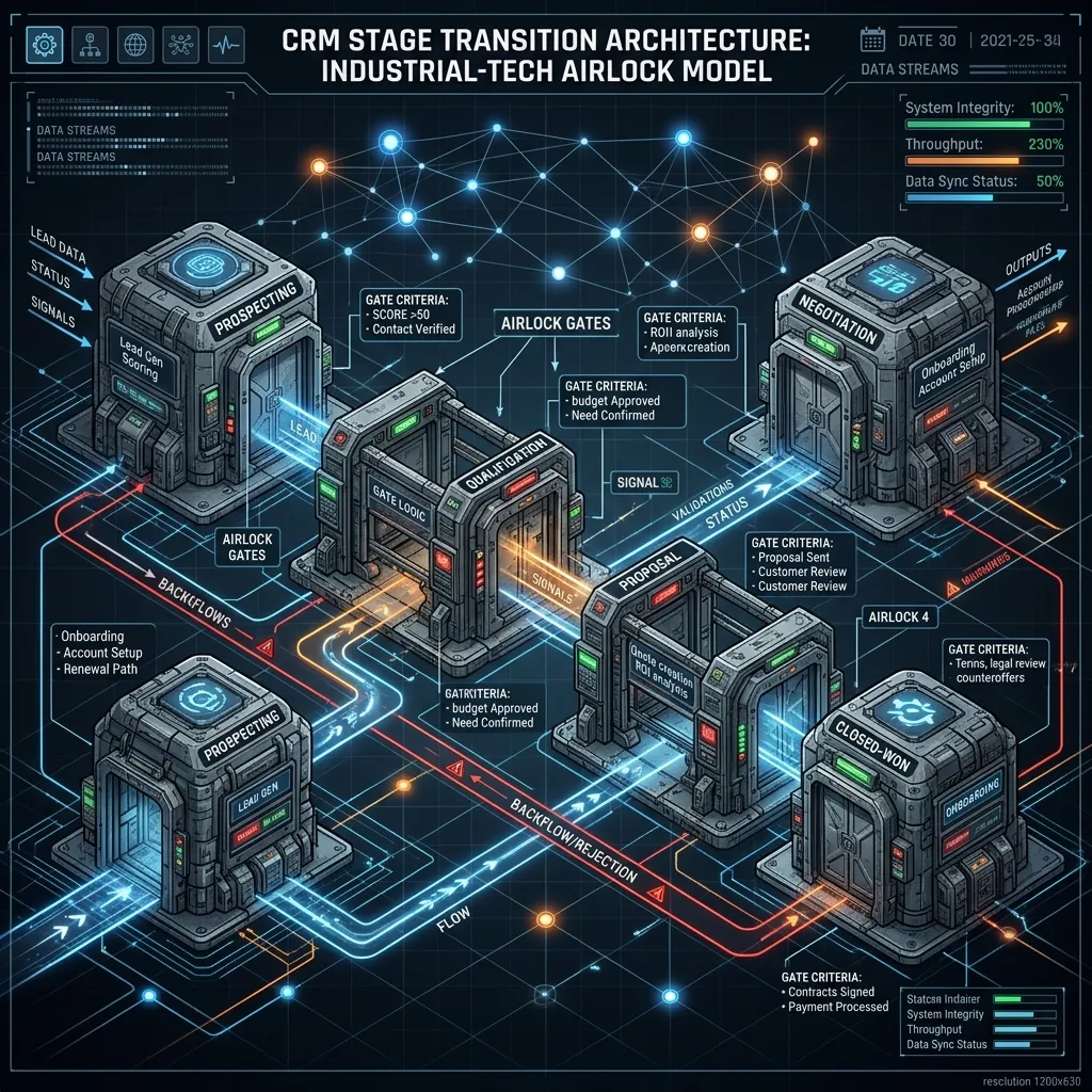 Complex digital architecture showing stage-exit controls and airlocks between CRM stages